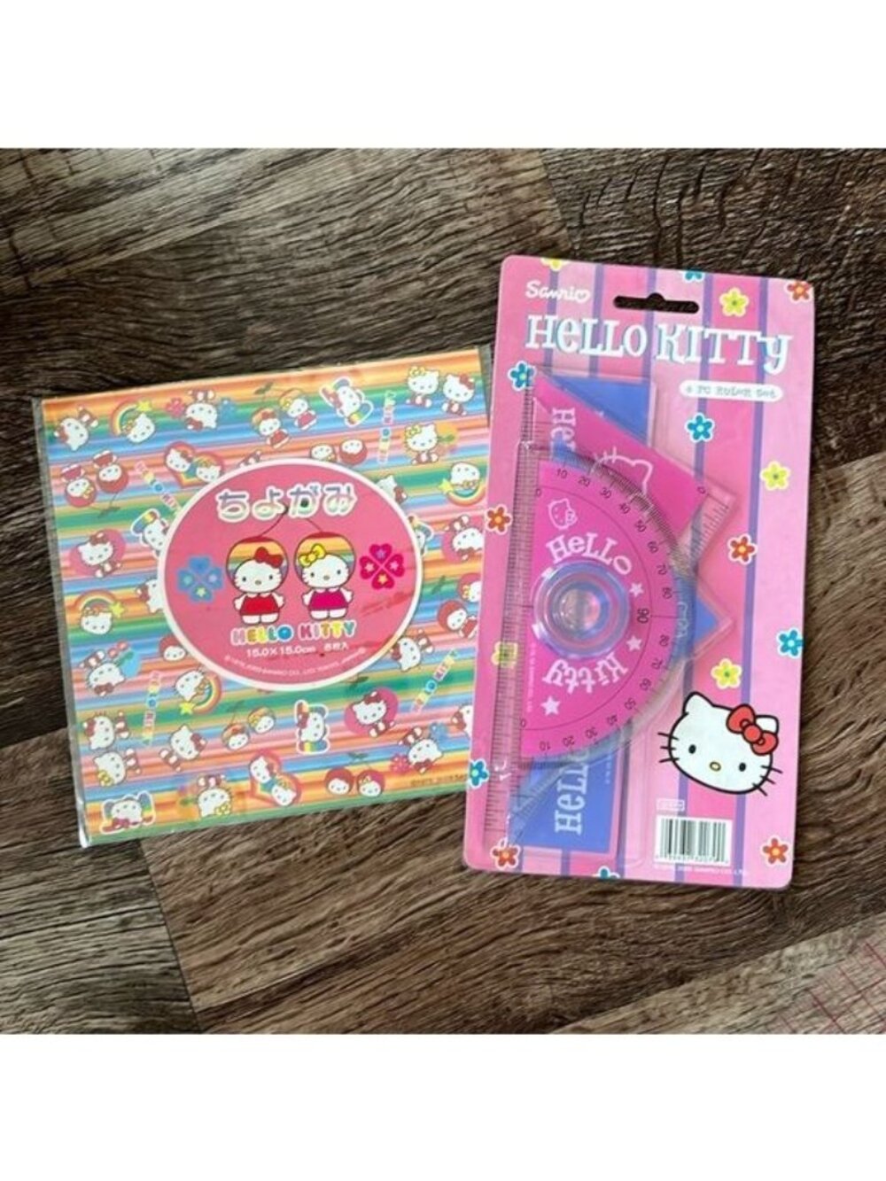 Hello Kitty Sanrio Japanese Vintage Protractor and Oragami Folding Paper Set